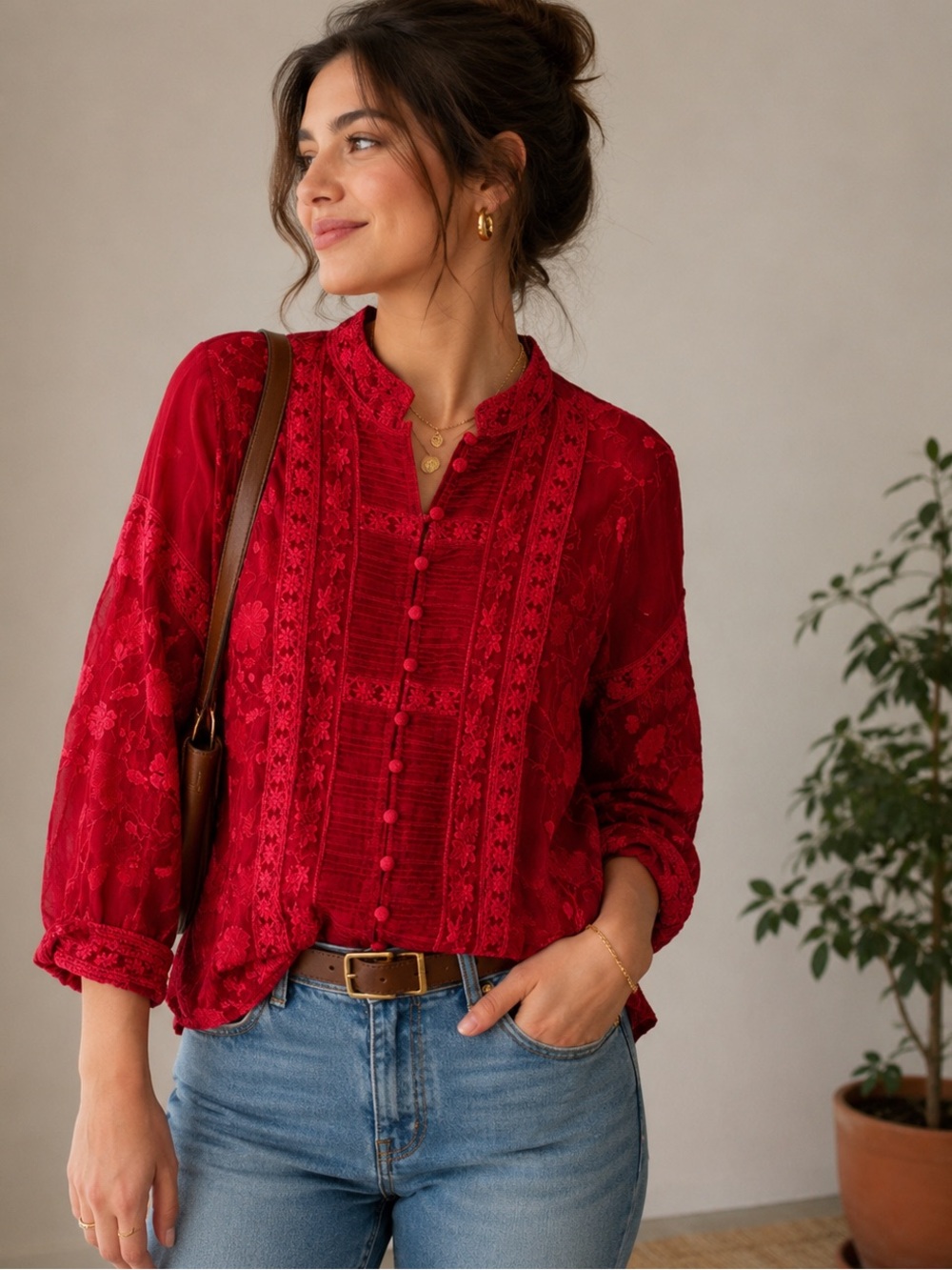 Johnny Was Red Kimono Button-Front Blouse Size S